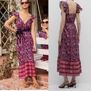 Figue Cosette A-Line Midi Dress Pink Purple Paisley Ruffle Sleeve Small